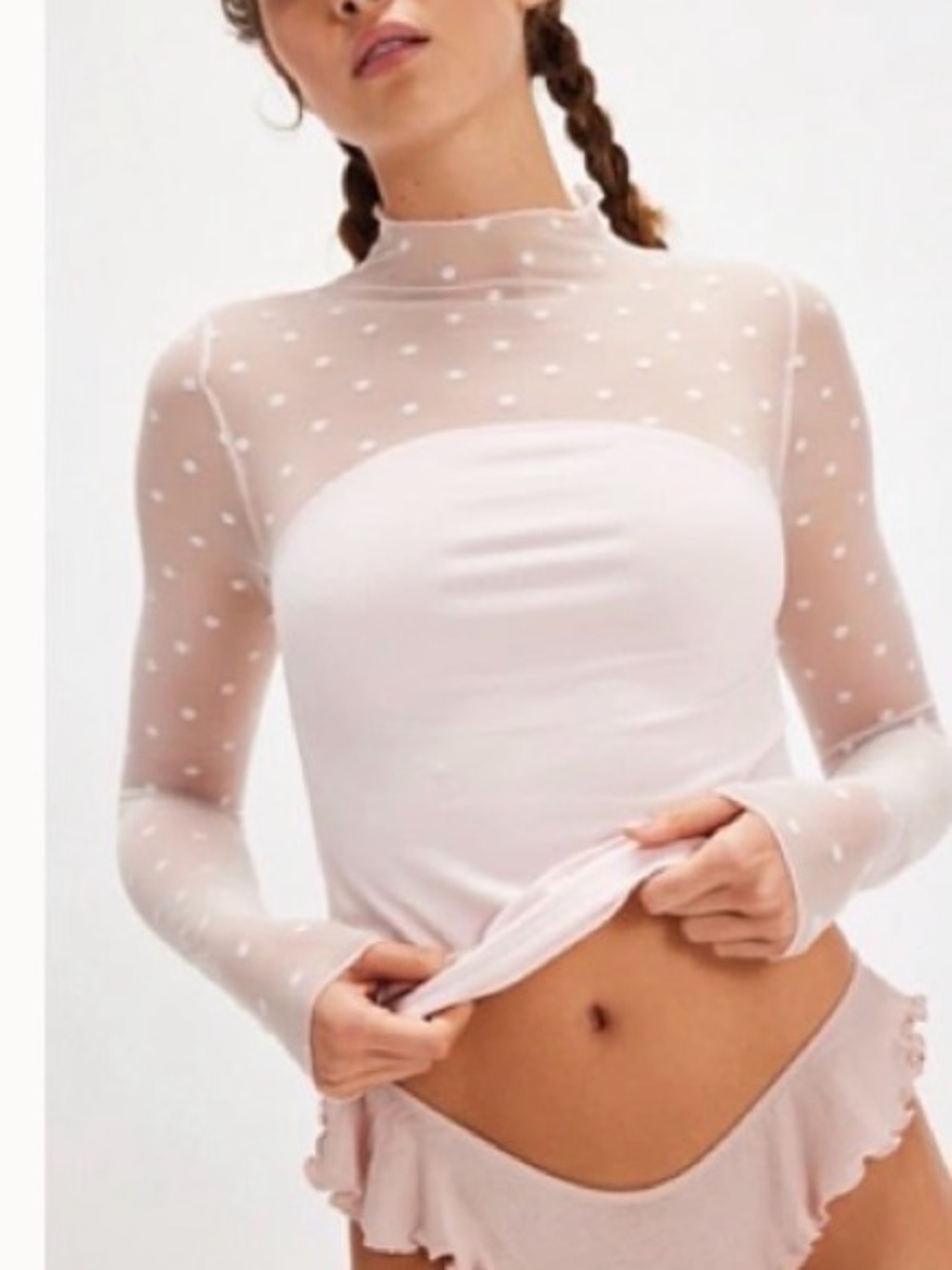 NWOT Free People Pale Pink Sheer Polka Dot Mock Neck Long Sleeve Top - Size Medi